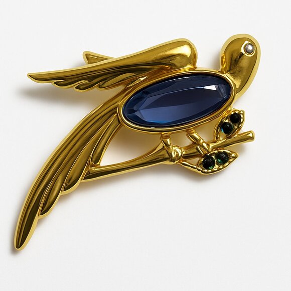 Vintage Monet Blue Lucite Bird Brooch – Gold Tone Swallow Pin - Picture 1 of 6